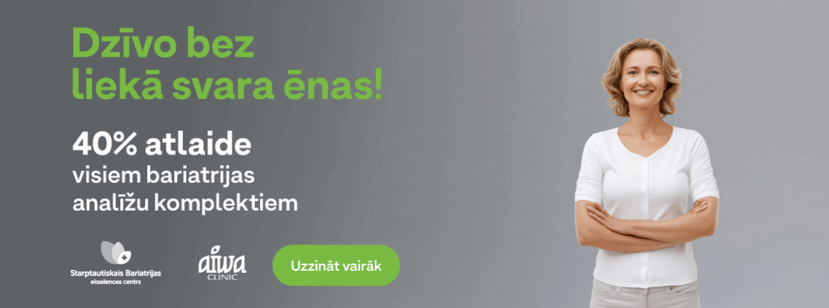 Smaidīga sieviete ar korpulento sievietes ēnu un tekstu 40% atlaide visiem bariatrijas analīžu komplektiem